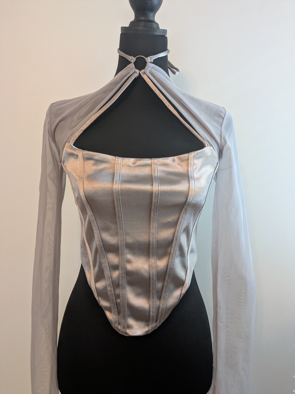 Silver Satin Corset Halter Top with Sheer Sleeves Size L Unbranded Choker